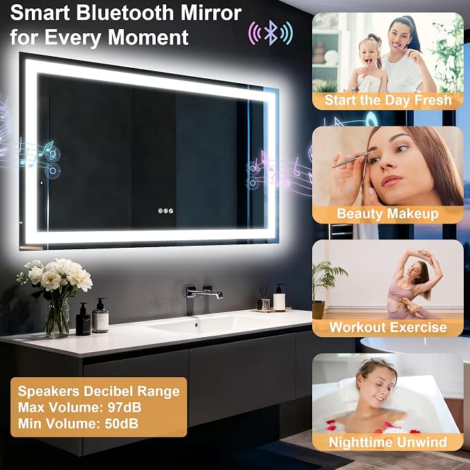 48"x28" LED Bathroom Mirror with Lights,Bluetooth Dual Speaker | Anti-Fog,3 Color Temperature,Dimmable Brightness,Memory Function,Waterproof,Wall Mount Design,Tempered Glass