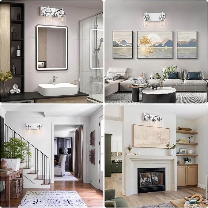Bathroom Vanity Fixtures, 2 Light Matte Chrome Vanity Light with Clear Glass Shade, 15in Farmhouse wall Light, Lighting Fixture Over Mirror for Bathroom