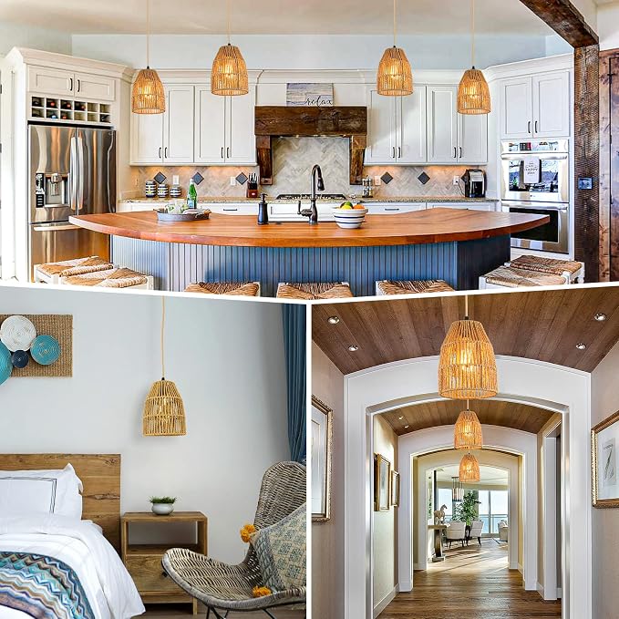 Plug in Pendant Light, Hanging Lights with 15ft Golden Cotton Cord & Stepless Dimming Switch, Handwoven Hemp Rope Lampshade, Boho Hanging Lamp for Bedroom,Hallway (Bulb & 2 Swag Hooks Included)