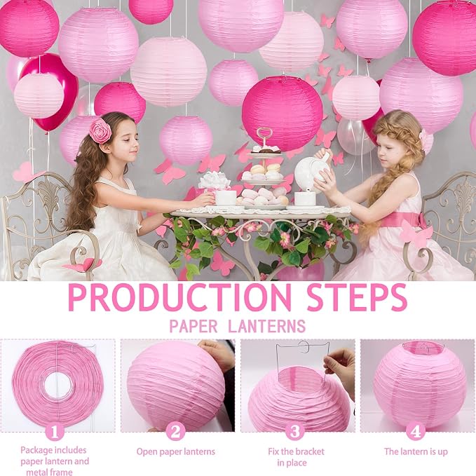 15-Pack Pink Paper Lanterns, Hanging Party Decorations | 6, 8 & 10 Inch Rose Red Gradient Shades for Wedding, Baby Shower, Girls' Birthday, Bridal Events, Flamingo Theme, Wedding