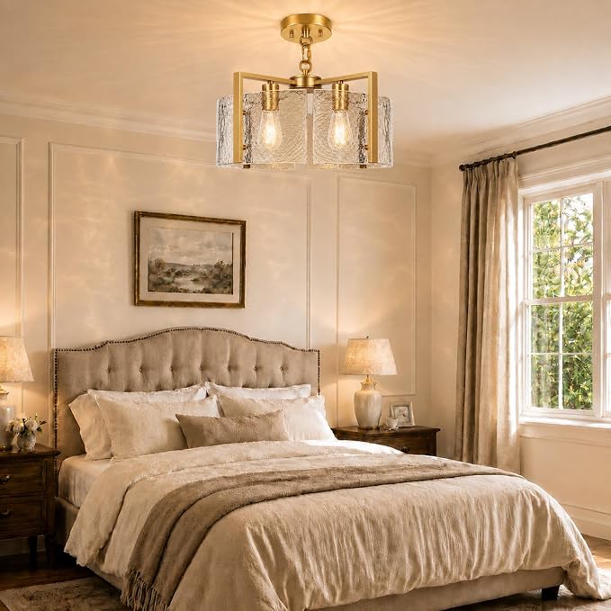 17.7 Inch Gold Chandeliers for Dining Room, Adjustable Height | 4-Light Vintage Entryway Light Fixture, Glass Pendant Lights for Kitchen Island Foyer Bedroom Bathroom