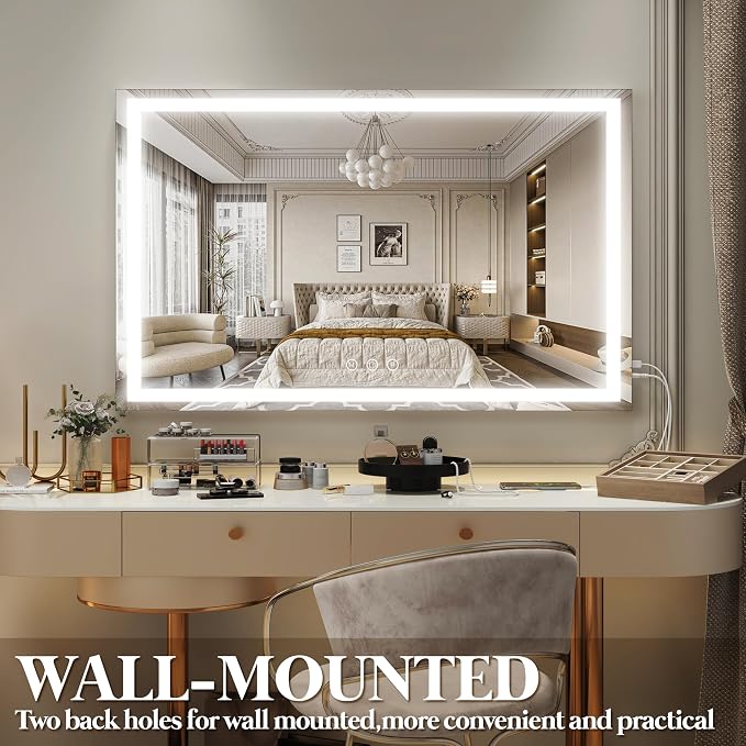 FENNIO Large Vanity Mirror with Lights,40" x 28"Makeup Mirror with Lights,Hollywood Mirror with 3 Color Modes & Adjustable Brightness,Vanity Mirror Square Gold