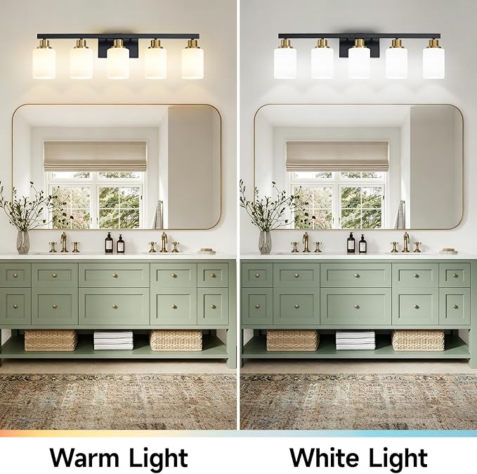 Bathroom Vanity Light, 5-Light Vanity Lighting Black and Gold,30" | Black and Gold Wall Light Fixture,Bathroom Light Fixtures with Frosted Glass Shade for Mirror Bedroom Restroom Sink