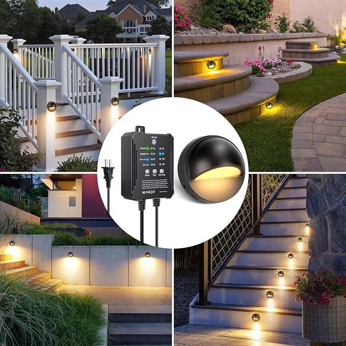 6 Pack Low Voltage LED Deck Lights Kit with Plug-in Transformer, Dusk-to-Dawn Photocell Sensor and Timer, IP67 Waterproof 3000K Outdoor Step Stair Lights for Deck Patio Fence Landscape Lighting