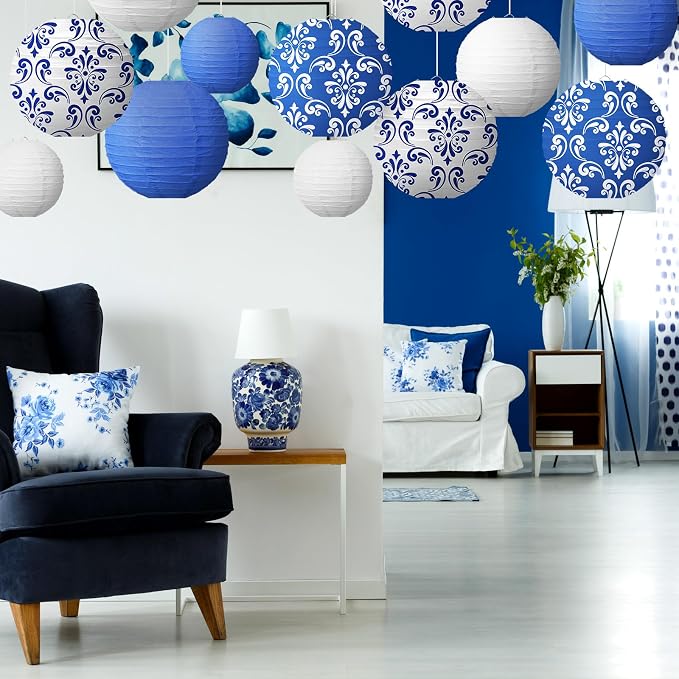 12 Pcs Chinoiserie Paper Lantern 12"10" 8" Blue and White Porcelain Print Hanging Decoration Round Lanterns for Chinese New Year Anniversary Party Wedding Home Decoration