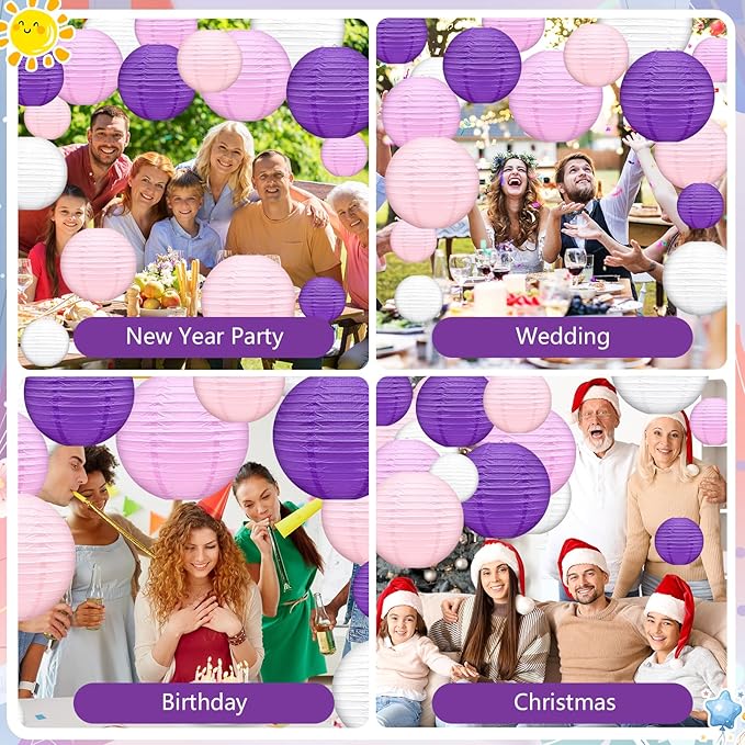16 Pcs Paper Lanterns Hanging Round Purple Paper Lantern Decorative 6" 8” 10”12" Four Colors Chinese Lanterns for Birthday Wedding Party Decoration Baby Showers Valentine Indoor Outdoor