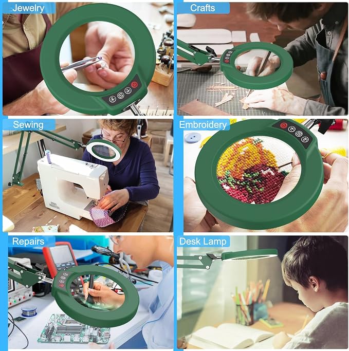 10X Magnifying Glass with Light and Clamp, Real Glass Stand Lighted Magnifier, 5 Color Modes Stepless Dimmable LED Desk Lamp Hands Free for Crafts Hobby Reading Painting Sewing Close Work - Green