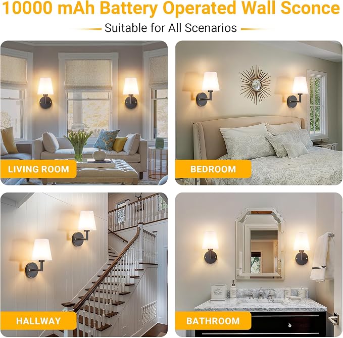 Vimhou Peel and Stick Wall Sconces, Stick On Wall Sconce Set of 2, Battery Operated Wireless Wall Light, No Drill Adhesive Wall Lamp, Corn Bulb with 10000mAh Rechargeable Battery, Bedroom Wall Decor