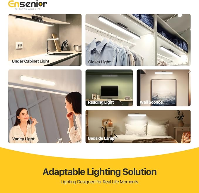 Ensenior 4W Motion Sensor Rechargeable Light Bar, Closet Lights, 2P | 2000mAh, Dimmable, Eye-Friendly, 3 Colors CRI85+, Battery Display, Wireless, Remote Control, Magnetic 130° Rotatable,Stick on