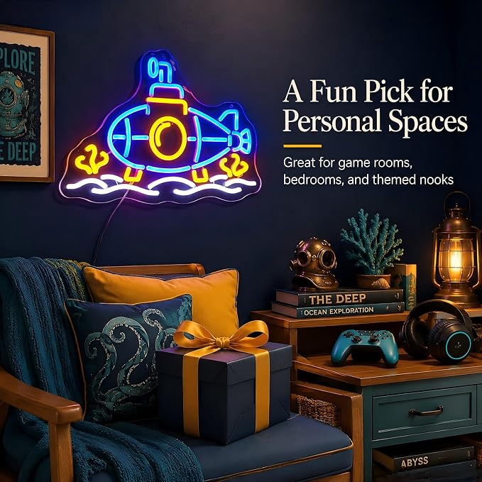 Submarine Neon Sign, RGB Color Changing, 16.5" x 10.7"IN | LED Underwater Sub Light, USB Powered, Wall Decor, Gamer Room Aesthetic, Boys Bedroom & Man Cave