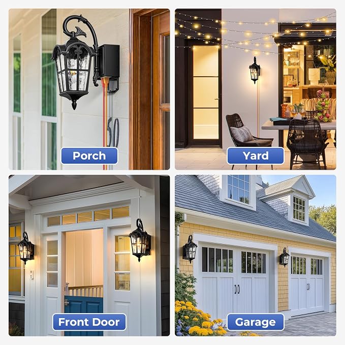 Outdoor Porch Light with GFCI Outlet, Black Roman Dusk to Dawn Porch Light Wall Mount, Aluminum Exterior Wall Sconce with Water Ripple Glass, Waterproof Outside Sconce Lights for House