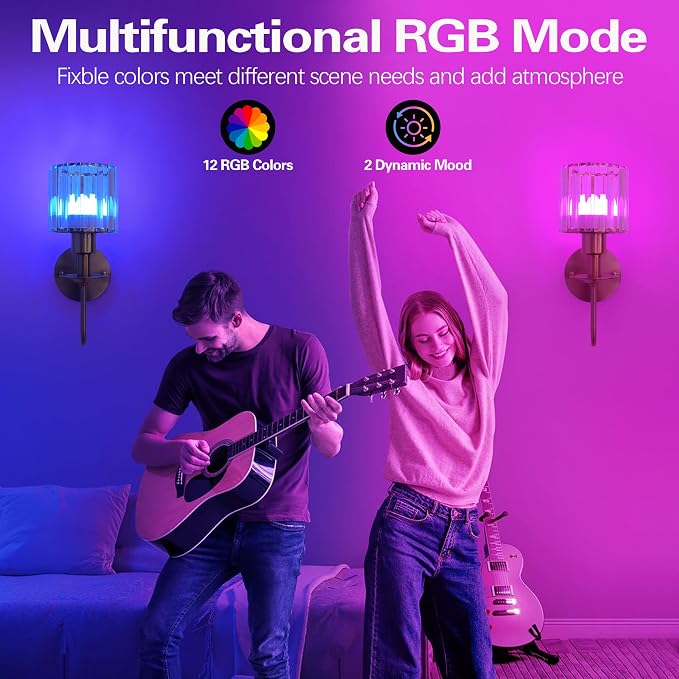 Battery Operated Wall Sconces Set of 2, Gold Crystal Wall Lights | 5200mAh rechargeable wall lights with magnetic bulbs, remote control, 15 colors, 10-level dimming and timer for bedrooms