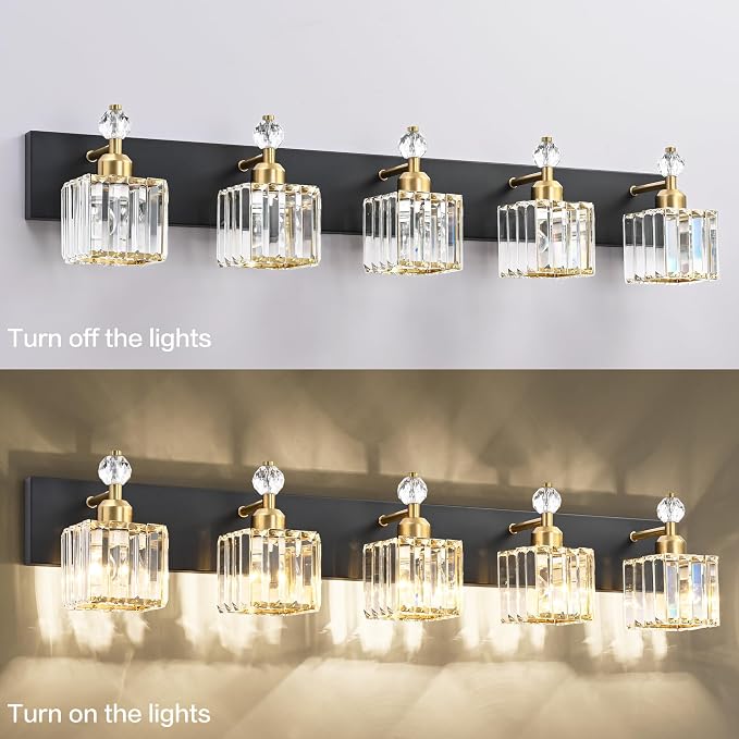 PRESDE Crystal 5 Light Bathroom Vanity Lights Modern Black and Gold Bathroom Lights Fixtures Over Mirror Modern Bath Wall Lighting