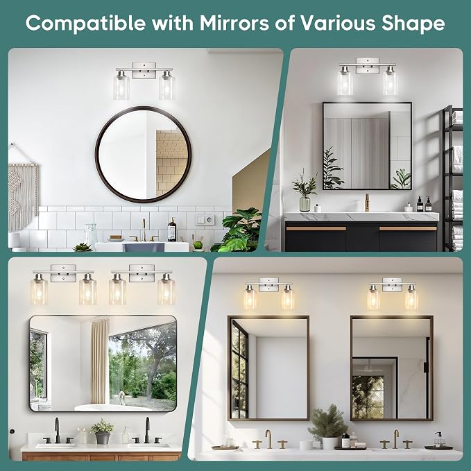 Ascher Bathroom Light Fixtures, 2-Light Vanity Light Over Mirror, Brushed Nickel Wall Sconces with Clear Glass Shades, Wall Lamp for Living Room Bedroom, E26 Base(Bulbs Not Included)