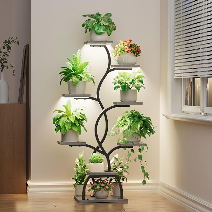Plant Stand Indoor with Grow Light - 8 Tiered Corner Plant Shelf Indoor | 49" Plant Holder with Lights for Indoor Growing, Tall Lighted Flower Stand for Living Room, Balcony, Gray