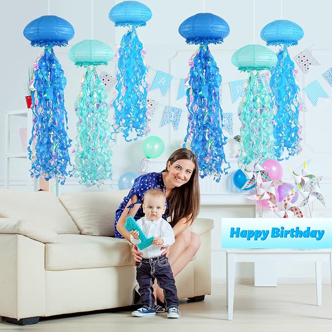 ADLKGG Jellyfish Paper Lanterns, Under The Sea Party Decorations, 6pcs Hanging Jelly Fish for Mermaid Ocean Themed Birthday Party Decorations, Baby Shower Classroom Decor (Blue)