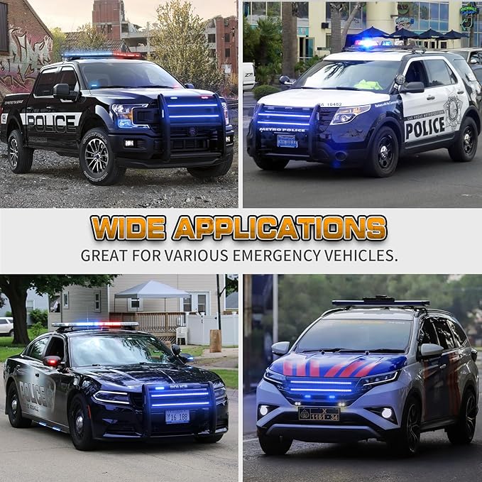 XRIDONSEN 2PCS 24 inch Truck Blue Emergency Grill Lights Strip 288 LED Grille Strobe Lights Flashing Warning Safety w/Waterproof Tube First Responder Lights for Firefighter Police Vehicles Fire Trucks