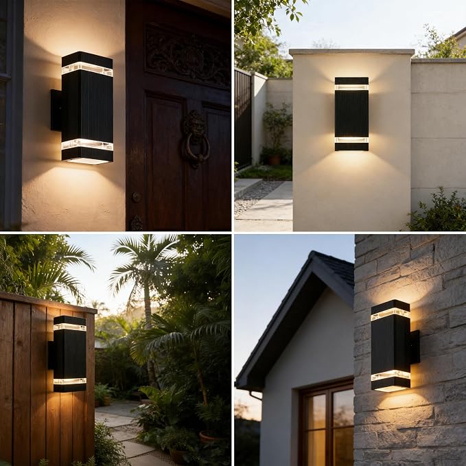 JYV Dusk to Dawn Square Outdoor Wall Lights, Up and Down Porch Lights,Black | Aluminum Exterior Lighting Fixtures with 2 * 7W Bulbs 3000K, Waterproof Outdoor Sconces Wall Lighting, for House Porch Garage