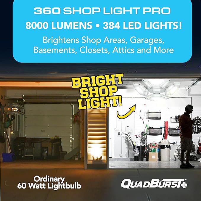 QUADBURST SHOPLIGHT PRO 360 LED - 8000 Lumens, 60 Watts - Bright Garage Light, Adjustable Panels Ceiling Fixture, Energy Saving LED Lighting for Workshop, Basement & Home improvement - As Seen on TV