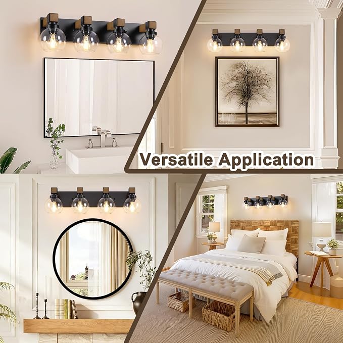 Bathroom Light Fixtures Over Mirror, Rustic 4-Light Wood Vanity Lights for Bathroom, Vintage Black Bathroom Wall Sconces Lighting with Globe Shades for Mirror Hallway Cabinet Living Room