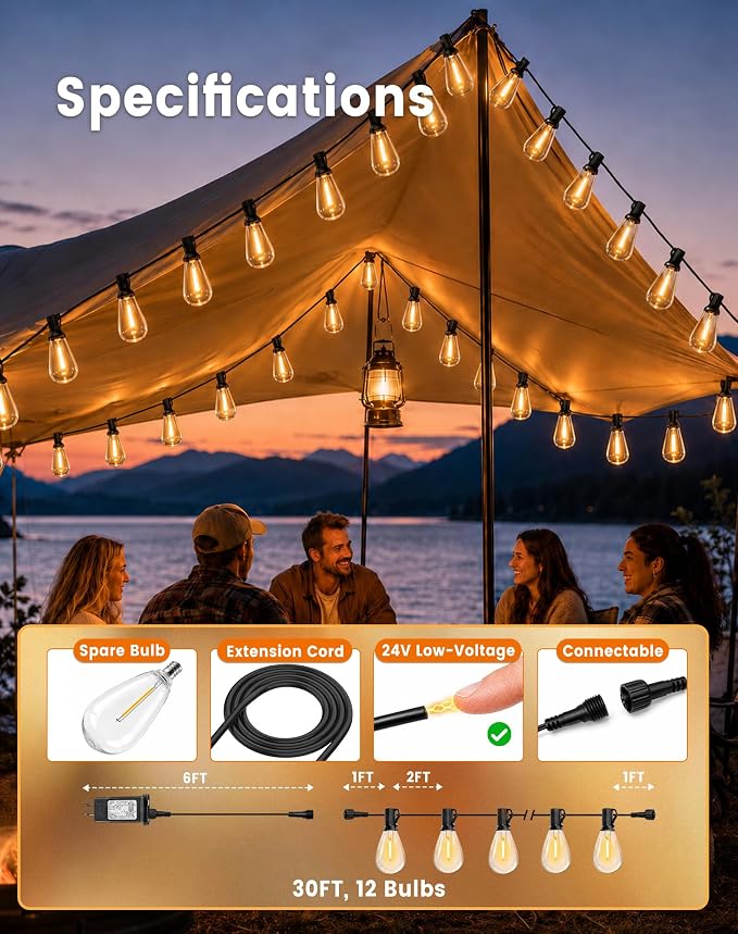30FT(24+6) Outdoor String Lights, 2FT Spacing 12 LED Edison Bulbs, Waterproof, Shatterproof, Dimmable, Warm White, 3 Modes, Timer, Plug in Hanging Backyard Lights for Outside, Patio