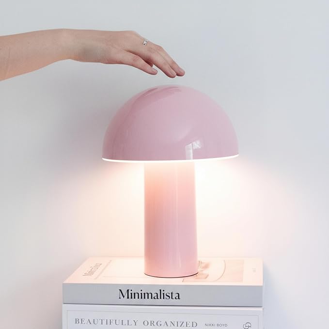 Brightech Celia Mood Lamp – 10" Touch-Controlled Mushroom Table Lamp, Cordless & Dimmable LED, Portable & Rechargeable Bedside Night Light, Sustainable Recycled Modern Patio Lamp for Home Décor – Pink