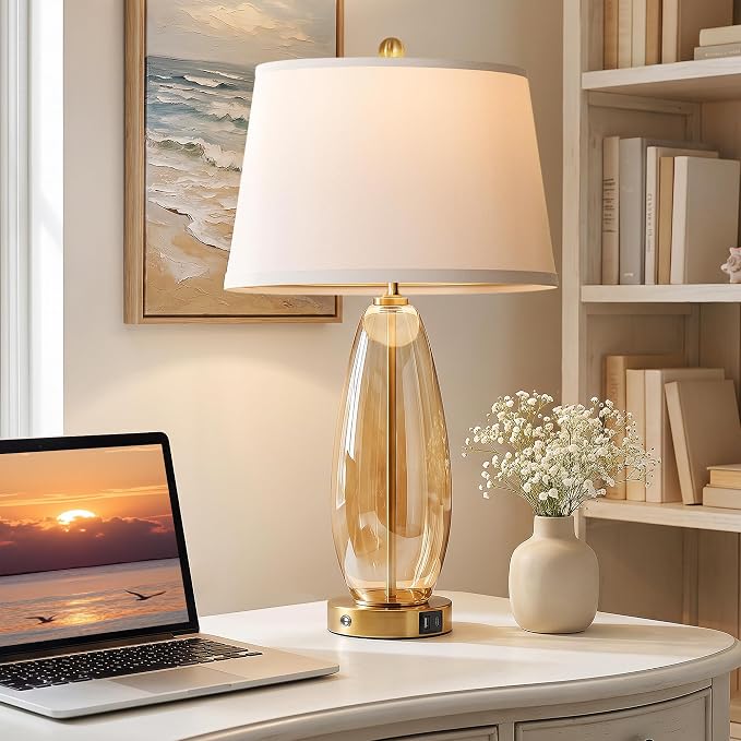 WIHTU 27" Glass Table Lamps for Living Room, Touch Dimming Lamps Set of 2 | Gradient Brown Glass Body, 3-Way Dimming, USB A+C Ports, Included 2 Bulbs,E26 Base,Modern Nightstand Lamp for Bedroom, Office