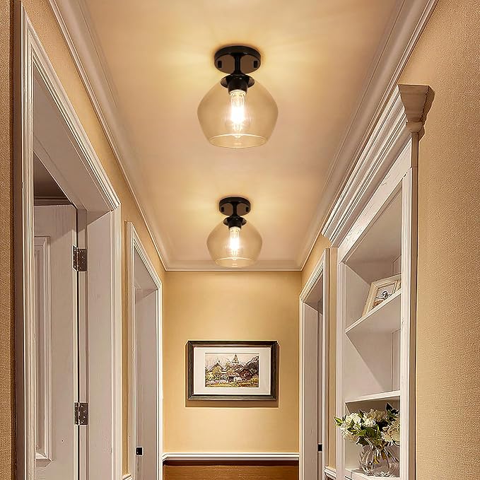 Modern Semi Flush Mount Ceiling Light with Clear Glass Shade, Black | Quick & Easy Installation, Premium Quality, Perfect for Hallway Kitchen Entryway Laundry