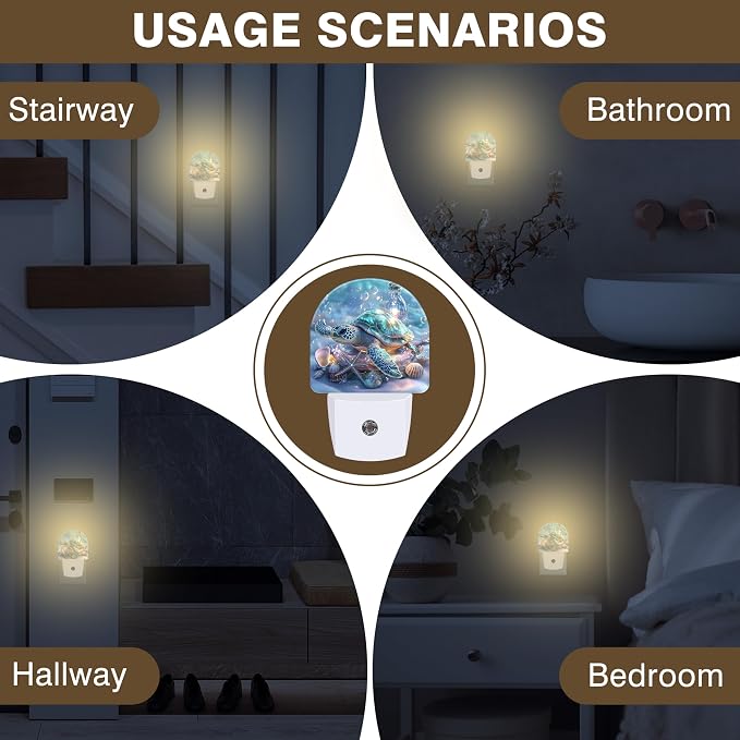 Ocean Animal Night Light, Sea Turtle and Seashell Night Lights Plug into Wall Dusk to Dawn Sensor Round Nightlight for Women Men Energy Efficient Led Lamp 0.5W for Stairway Hallway Bedroom