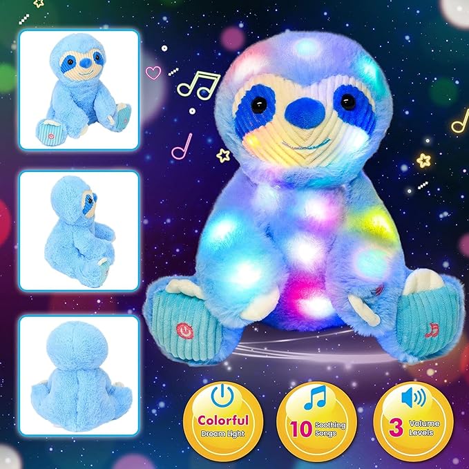 Cuteoy Light-up Singing Plush Blue Sloth LED Musical Stuffed Animal Adjustable Volume Lullaby Plushies Birthday Christmas Toy Gifts for Kids Toddler Girls, 13"
