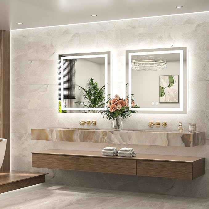 30 x 30 Inch LED Bathroom Mirror with Frontlit and Backlit, Brighter Light up Bathroom Vanity Mirror with Lights, 3-Color Dimmable Illuminated Anti Fog Mirror Wall Mounted, Waterproof