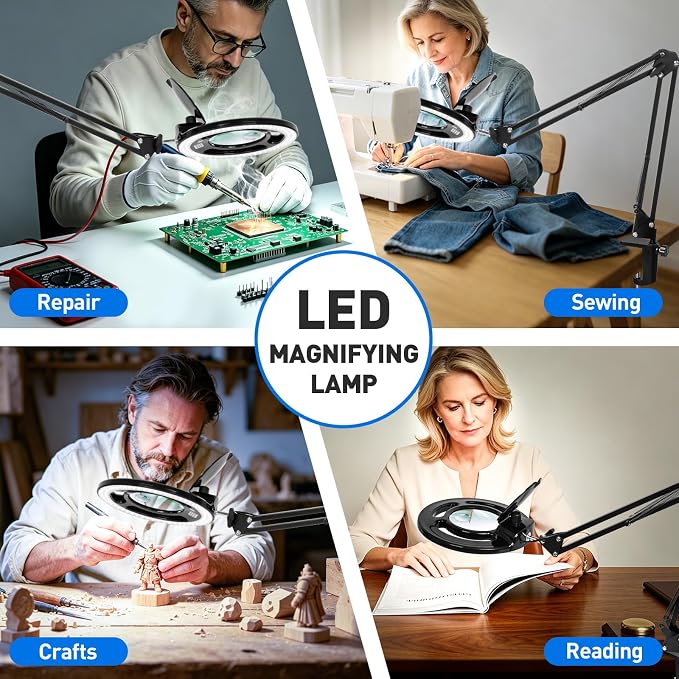 12X 30X Magnifying Glass with Light, KIRKAS 2,200 Lumens LED Magnifier Lamp | with Clamp, Stepless Dimmable Real Glass Lens, Adjustable Arm Workbench Light for Close Work Hobby Repair Craft - Black