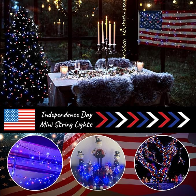 Patriotic Red White and Blue Fairy String Lights Battery Operated | 2 Pack Total 100Led Timer Copper Wire Mini Lights, Battery Powered Firefly DIY for 4th of July, Labor Day Decorations