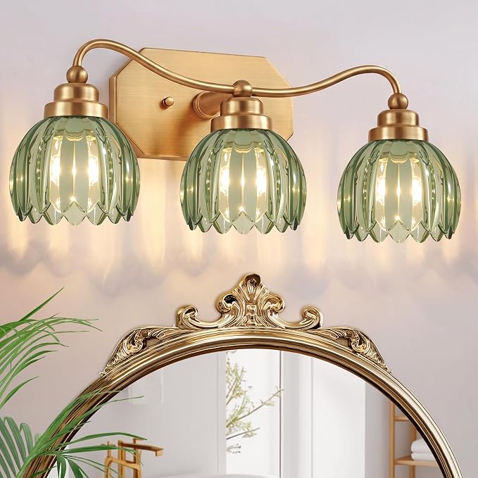 Vintage Gold Vanity Lights, 3 Light Tulip Crystal, Antique Brass Finish | Brushed Gold Bathroom Light Fixtures, Green Wall Sconce Ideal for Bedroom, Living Room, E26 Compatible, Easy Install