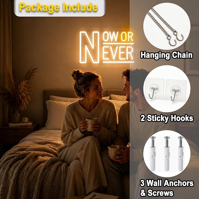 Positive Neon Lights Signs Neon Sign Led Sign Light for Wall Decor | Now Or Never Neon Sign for Room Decor,Positive Decoration,Motivational Wall Decor,Gift,5V USB Powered Dimmable