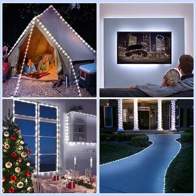 Rope Lights for Outside, 33FT 100 LED Christmas Lights Outdoor, Cool White | Waterproof 8 Modes Plug in Connectable Tube Lights Indoor for Garden Patio Pool Classroom Landscape Party Decorations