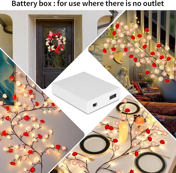 7.55FT 144LED Rose Blossom Enchanted Willow Vine Lights with Battery Box | 3 Color Rose Blossom Tree Branch Lights for Wall, Remote Timer,8 Light Model,Bedroom Wall Doors Wedding, Christmas