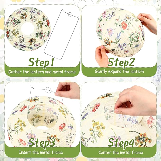 Honoson 12 Pcs Floral Paper Lanterns Tea Party Decorations Flower Wildflower Spring Birthday Party Decoration Flower 10 Inch Hanging Round Paper Lanterns for Wedding Bridal Shower Baby Shower Decor