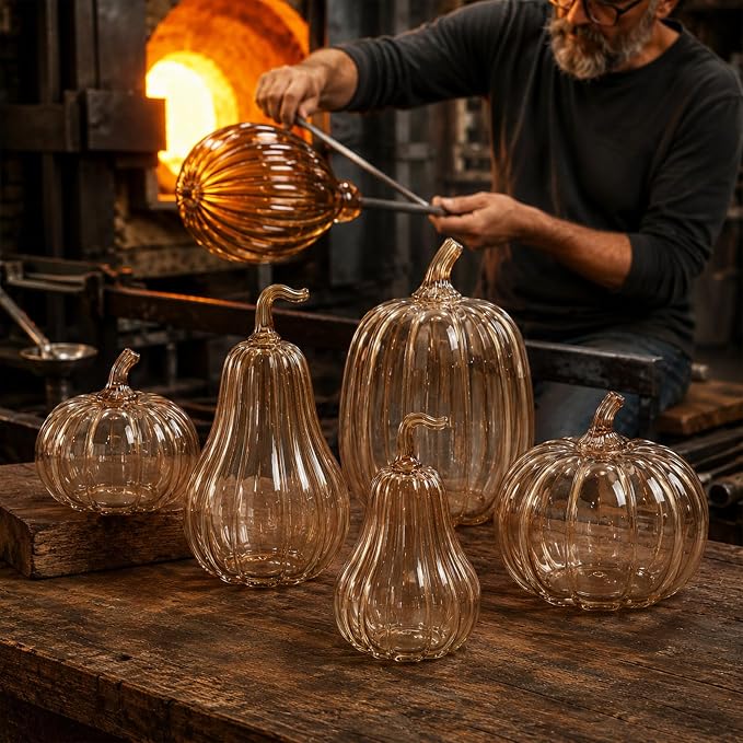 Yungyan Set of 3 Glass Pumpkin Lamp Shades Fall Decor,Light Brown | Pumpkin Candle Holder Rustic Thanksgiving Halloween Autumn Mantel Table Centerpiece Home Decoration, Lights Not Included