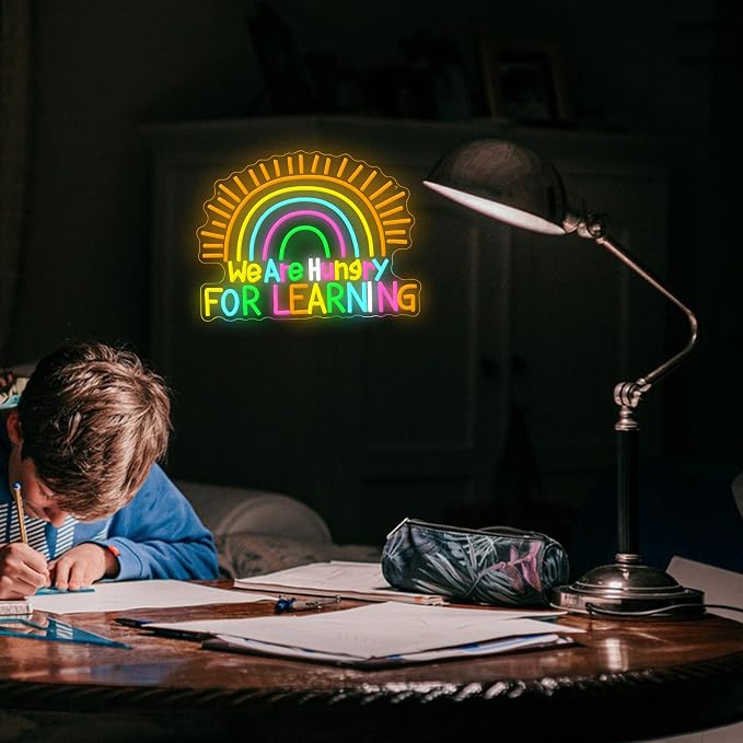 We Are Hungry For Learning Neon Sign LED Educational Light Up Sign USB Powered Rainbow Neon Light for Wall Decor Classroom Bedroom Shop Library Bookstore(16.54 * 12.6In)