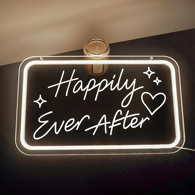Happily Ever After LED Neon Sign Warm White Wedding LED Wall Light Letter Neon Lights Sign for Wall Decor USB Light Up Sign Neon for Home Bedroom Bar Pub Decor Valentine's Day Girls Gift Club Party