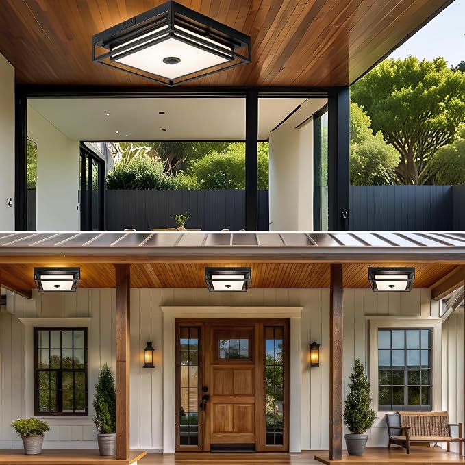 Large LED Motion Sensor Outdoor Ceiling Light 13" Square Flush Mount Lights | Black Dusk to Dawn Exterior Light Fixture, Modern Front Porch Ceiling Light, Patio Ceiling Lights Waterproof, Anti-Rust
