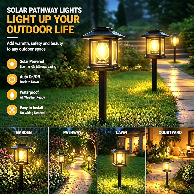Solar Pathway Lights 6-Pack for for Yard Walkways | IP65 waterproof solar landscape lights. High-efficiency panels provide auto dusk-to-dawn glow for yard and driveway security