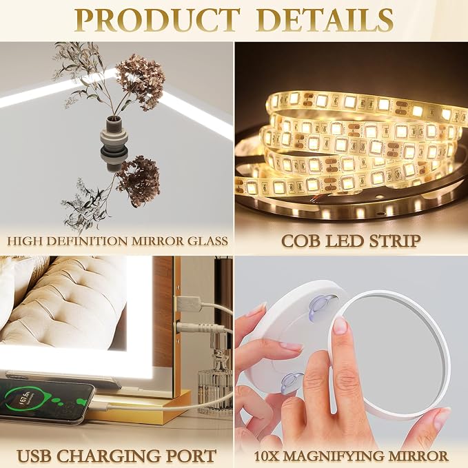 ROLOVE Vanity Mirror with Lights, 32" x 22" Large Lighted Vanity Mirror with Dimmable 3 Modes, LED Makeup Mirror, 10X Magnification, USB Charging Port, Tabletop or Wall-Mounted Square Gold