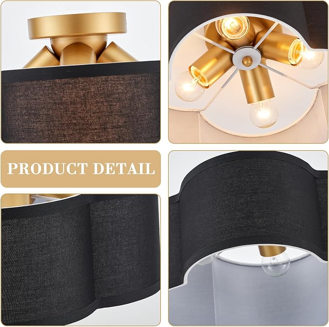 VILUXY Black Semi Flush Mount Ceiling Light Fixture, 4-Light Modern Ceiling Light with Linen Fabric Shade Farmhouse Drum Close to Ceiling Light for Bedroom Hallway Nursery Entryway, UL Listed