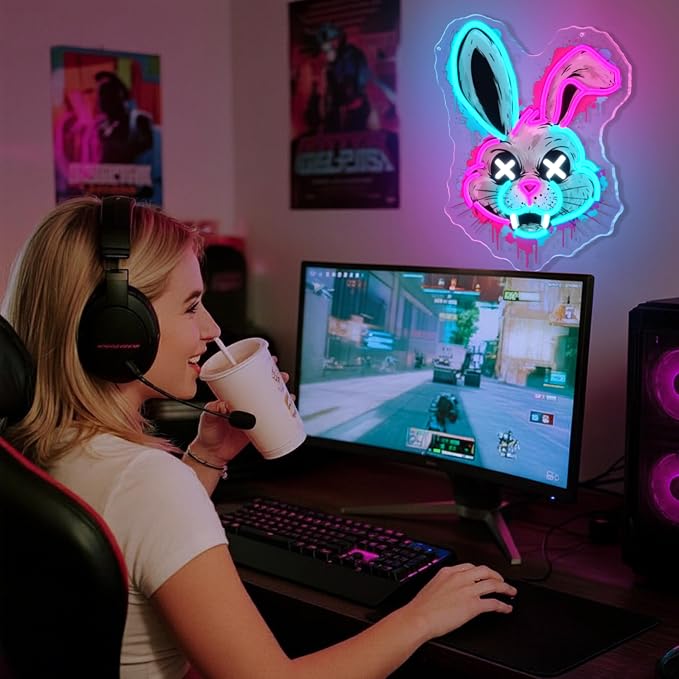 Bunny Neon Sign, Rabbit Neon Signs for Wall Decor, Dimmable Acrylic Neon Lights for Room Bedroom Game Room Club Bar Party Decorations, Perfect Gifts