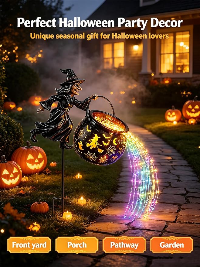 Halloween Witch Cauldron Garden Light,33.5″ Witch Stake Garden Light | Total height of 33.5 inches, Includes 1*12m, 100-light solar-powered multicolored LED light strip, Waterproof