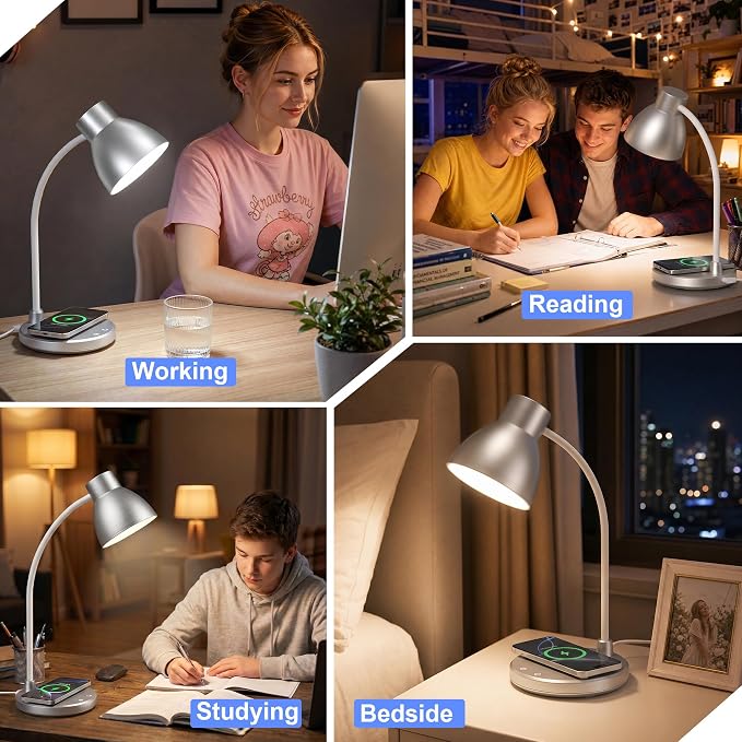 LED Desk Lamp for Home Office with Wireless Charger, Silver | 3 Color Modes Dimmable Eye-Caring Study Reading Dorm Desk Lamp, 360° Flexible Arm Table Lamp for College Dorm Room, 800 Lumen
