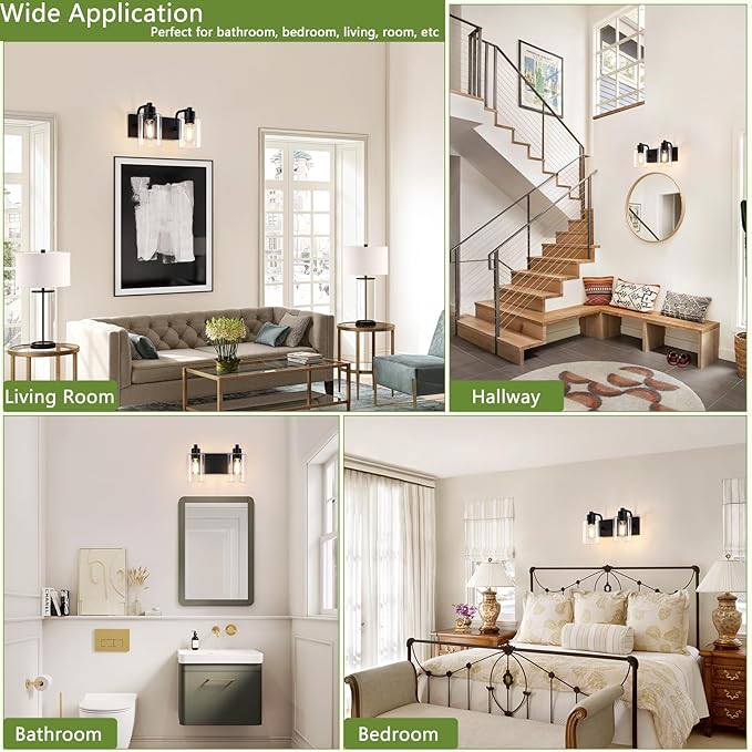 Matte Black 2-Light Bathroom Lights Over Mirror with Clear Glass Shade, Modern Bathroom Light Fixtures for Kitchen Living Room Bedroom Laundry Room