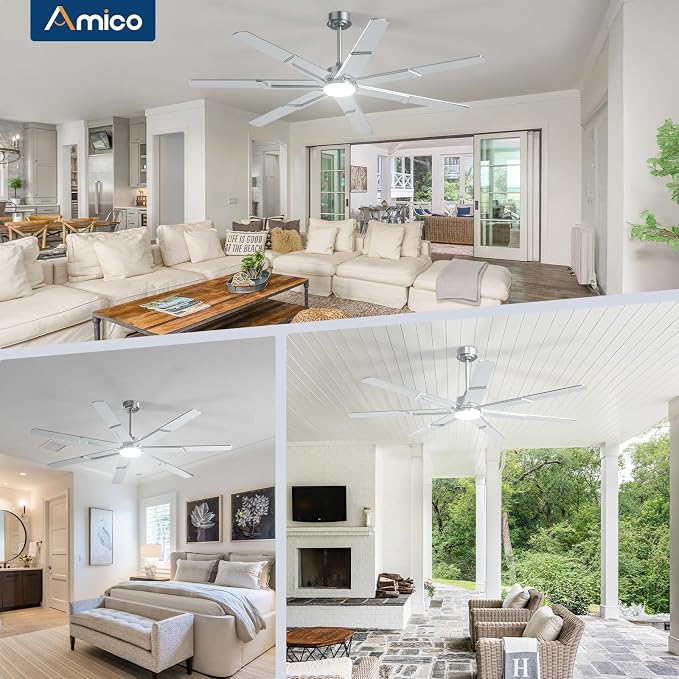 Amico 66 Inch Ceiling Fans with Lights and Remote, Nickel | 6 Speed Reversible DC Motor, 3CCT, Dimmable, Quiet, Timer, Large Modern Ceiling Fan for Living room, Indoor/Outdoor